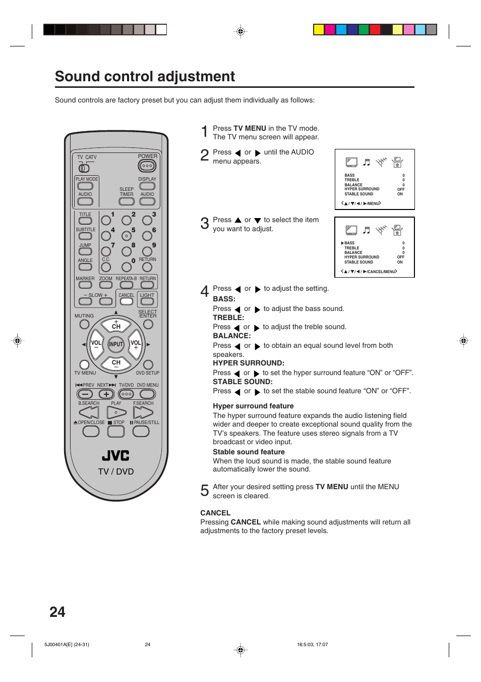 Sound control adjustment, 24 sound control adjustment | JVC AV-20FD24 User Manual | Page 24 / 50
