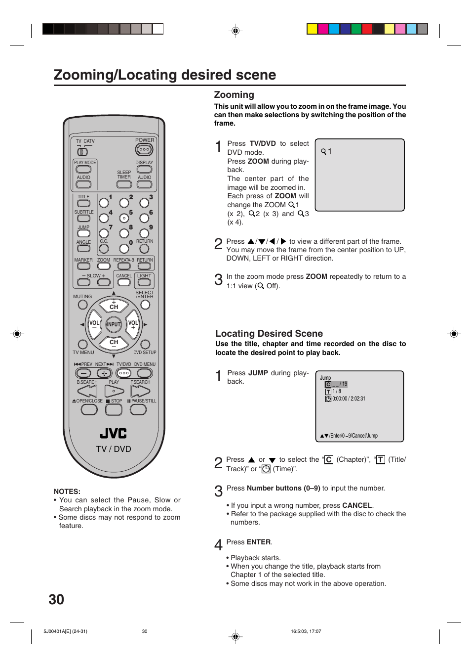Zooming/locating desired scene, 30 zooming/locating desired scene, Zooming | Locating desired scene | JVC AV-20FD24 User Manual | Page 30 / 50