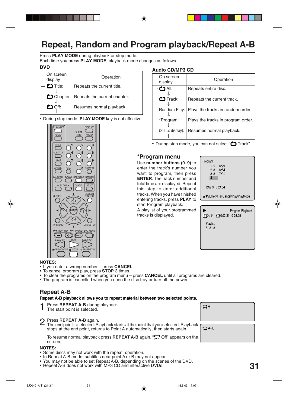 Repeat, random and program playback/repeat a-b, Repeat a-b, Program menu | Audio cd/mp3 cd | JVC AV-20FD24 User Manual | Page 31 / 50