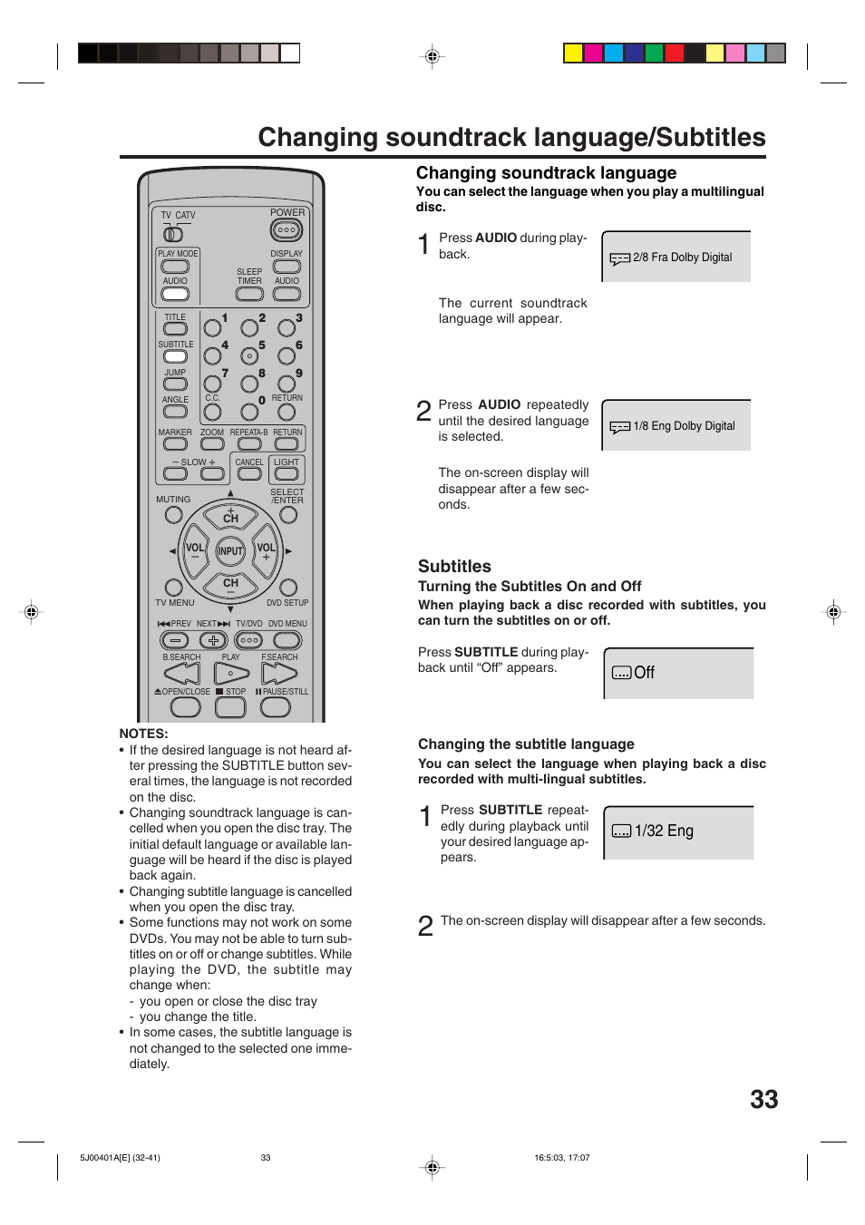 Changing soundtrack language/subtitles, Subtitles, Changing soundtrack language | 1/32 eng | JVC AV-20FD24 User Manual | Page 33 / 50