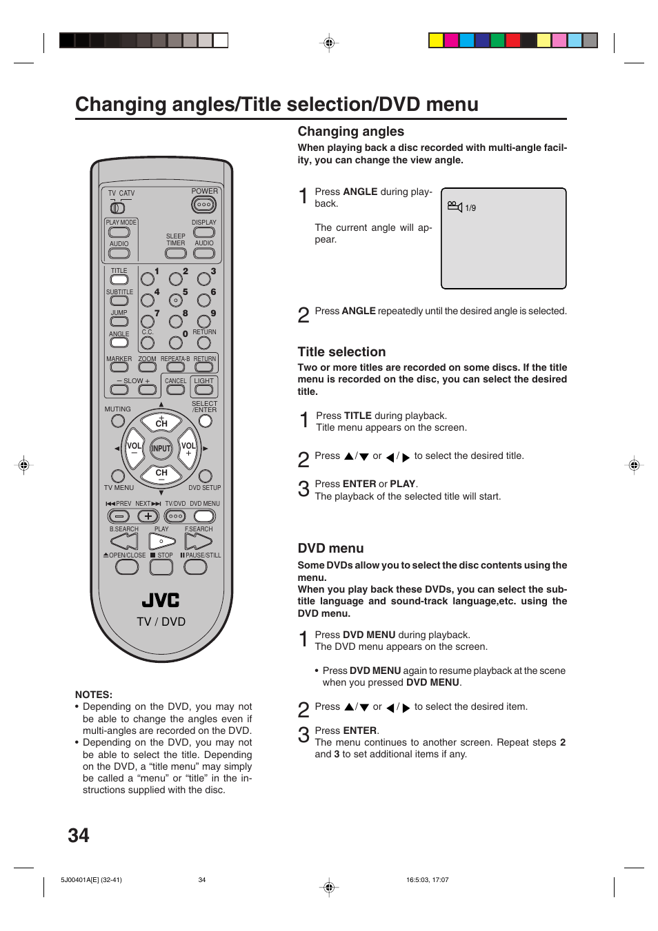 Changing angles/title, Selection/dvd menu, Changing angles/title selection/dvd menu | Changing angles, Title selection, Dvd menu | JVC AV-20FD24 User Manual | Page 34 / 50