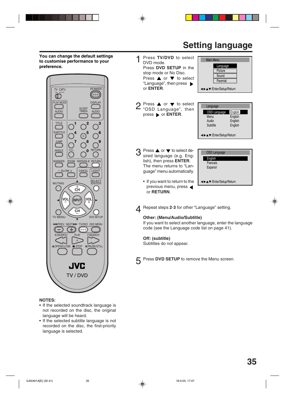 Setting language | JVC AV-20FD24 User Manual | Page 35 / 50