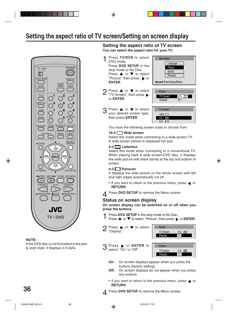 Setting the aspect ratio of tv screen, Status on screen display | JVC AV-20FD24 User Manual | Page 36 / 50