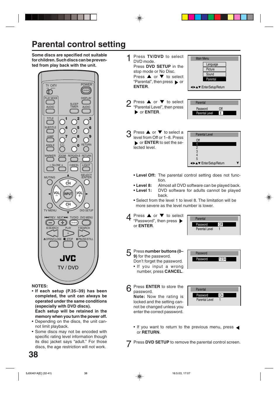 38 parental control setting | JVC AV-20FD24 User Manual | Page 38 / 50