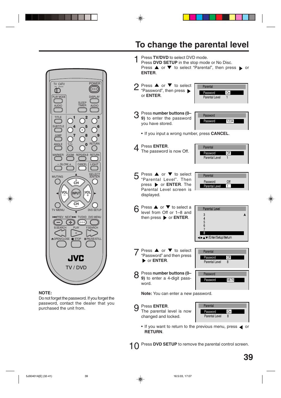 39 to change the parental level | JVC AV-20FD24 User Manual | Page 39 / 50