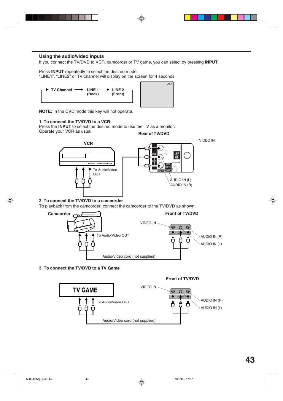 Using the audio/video inputs, Front of tv/dvd, Rear of tv/dvd | Front of tv/dvd camcorder | JVC AV-20FD24 User Manual | Page 43 / 50