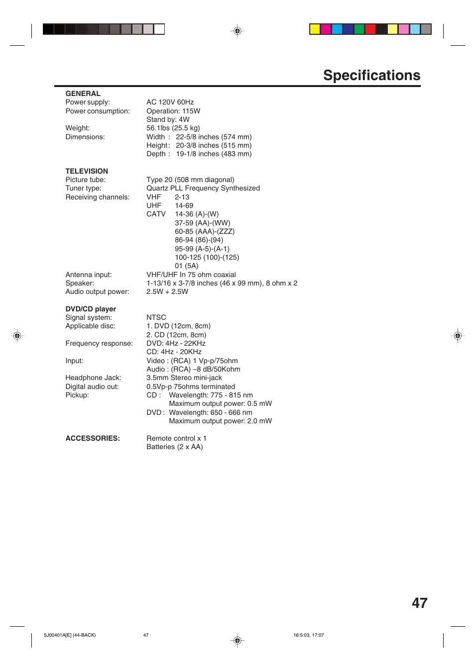 Specifications | JVC AV-20FD24 User Manual | Page 47 / 50