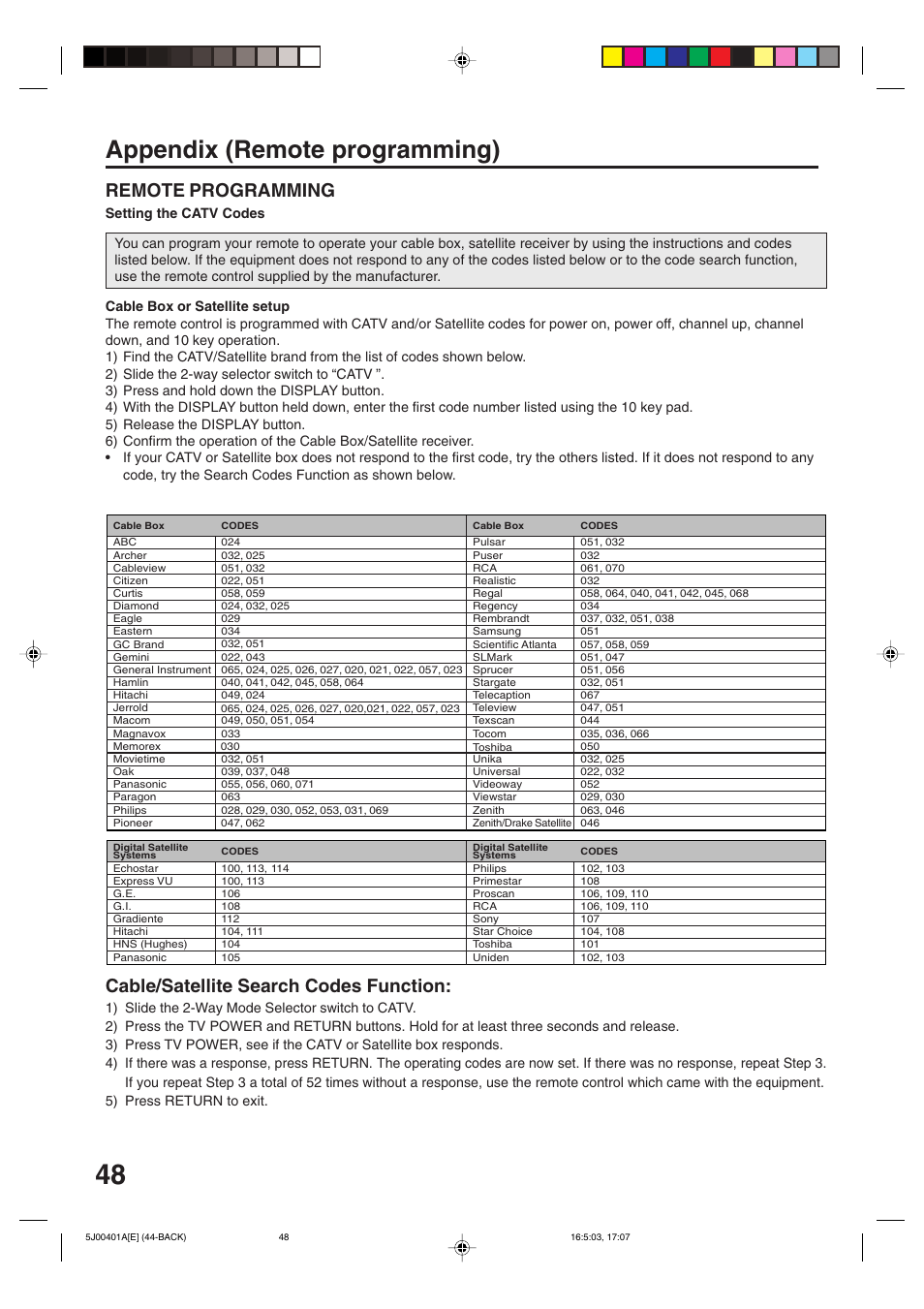 Appendix (remote programming), Cable/satellite search codes function, Remote programming | JVC AV-20FD24 User Manual | Page 48 / 50