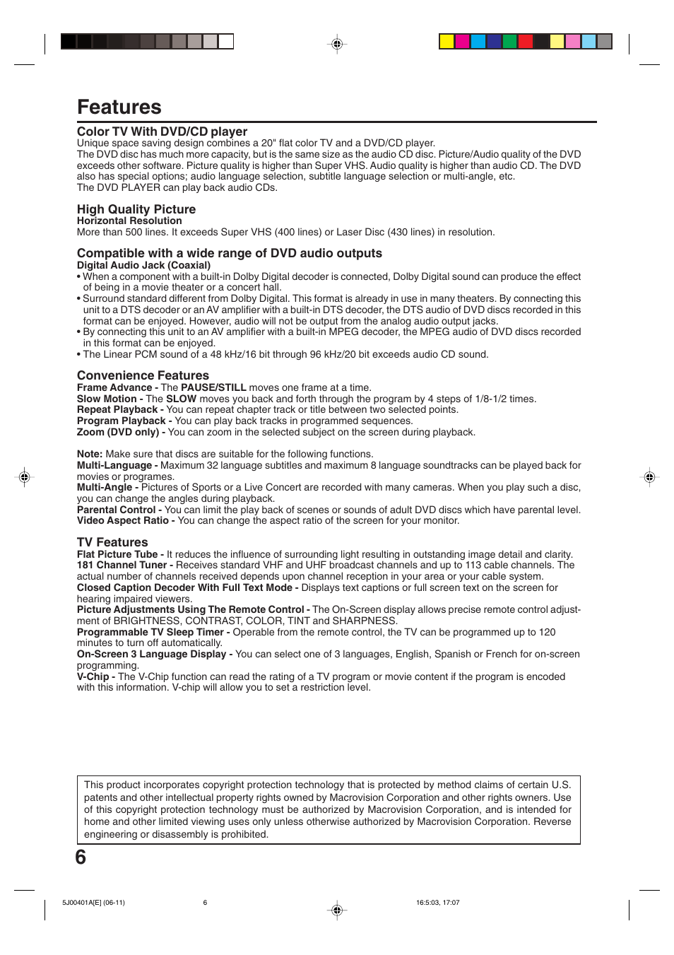 Features | JVC AV-20FD24 User Manual | Page 6 / 50