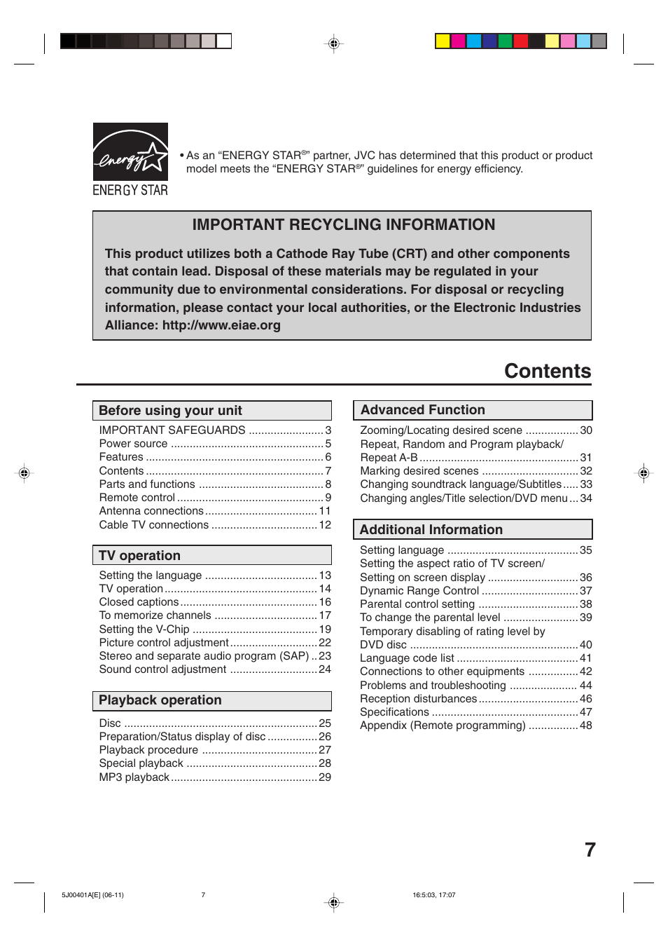 7contents, Important recycling information | JVC AV-20FD24 User Manual | Page 7 / 50
