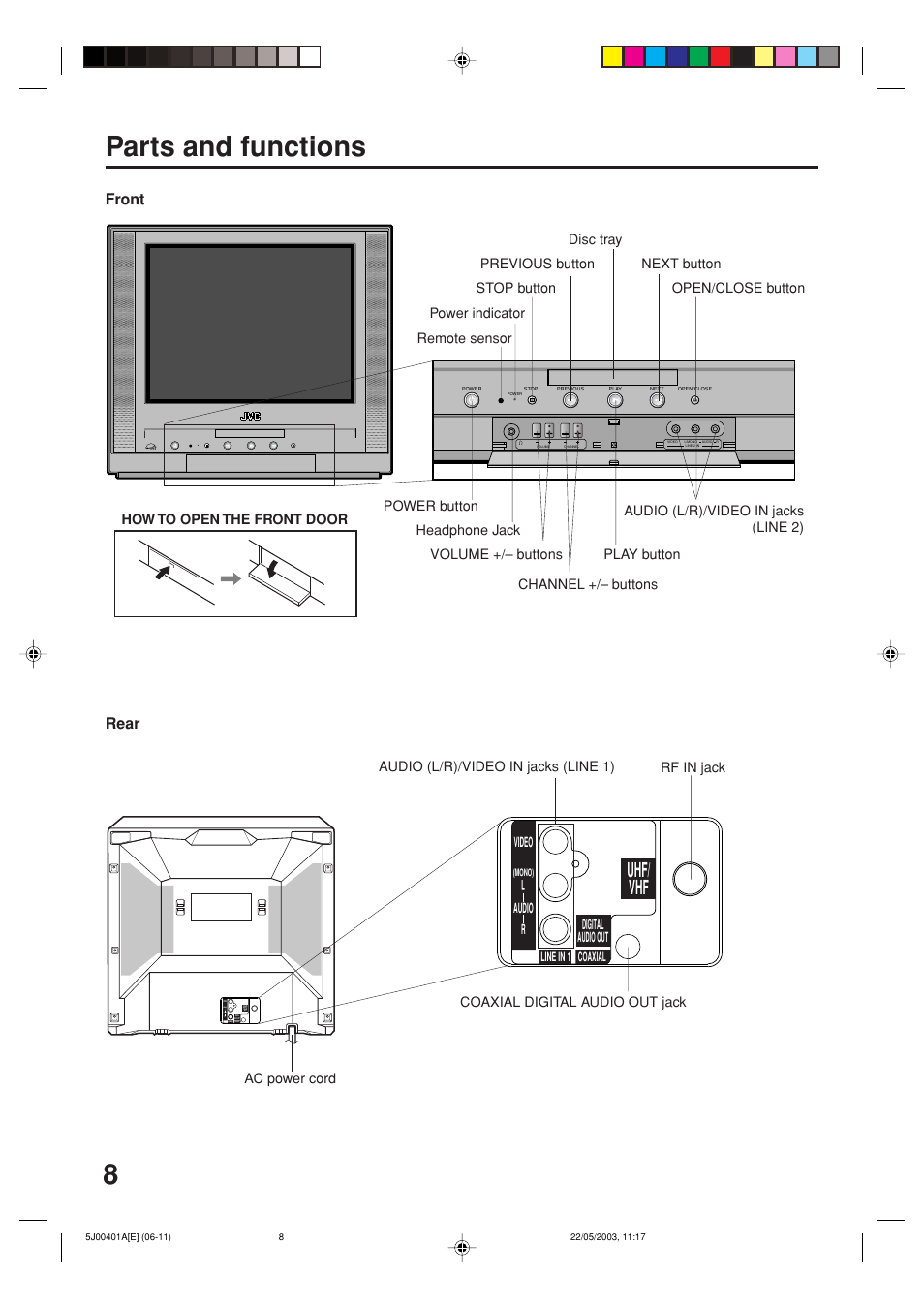 Parts and functions, Uhf/ vhf, Front | Rear, Mono), Video audio, Rdigital audio out, Stop button | JVC AV-20FD24 User Manual | Page 8 / 50