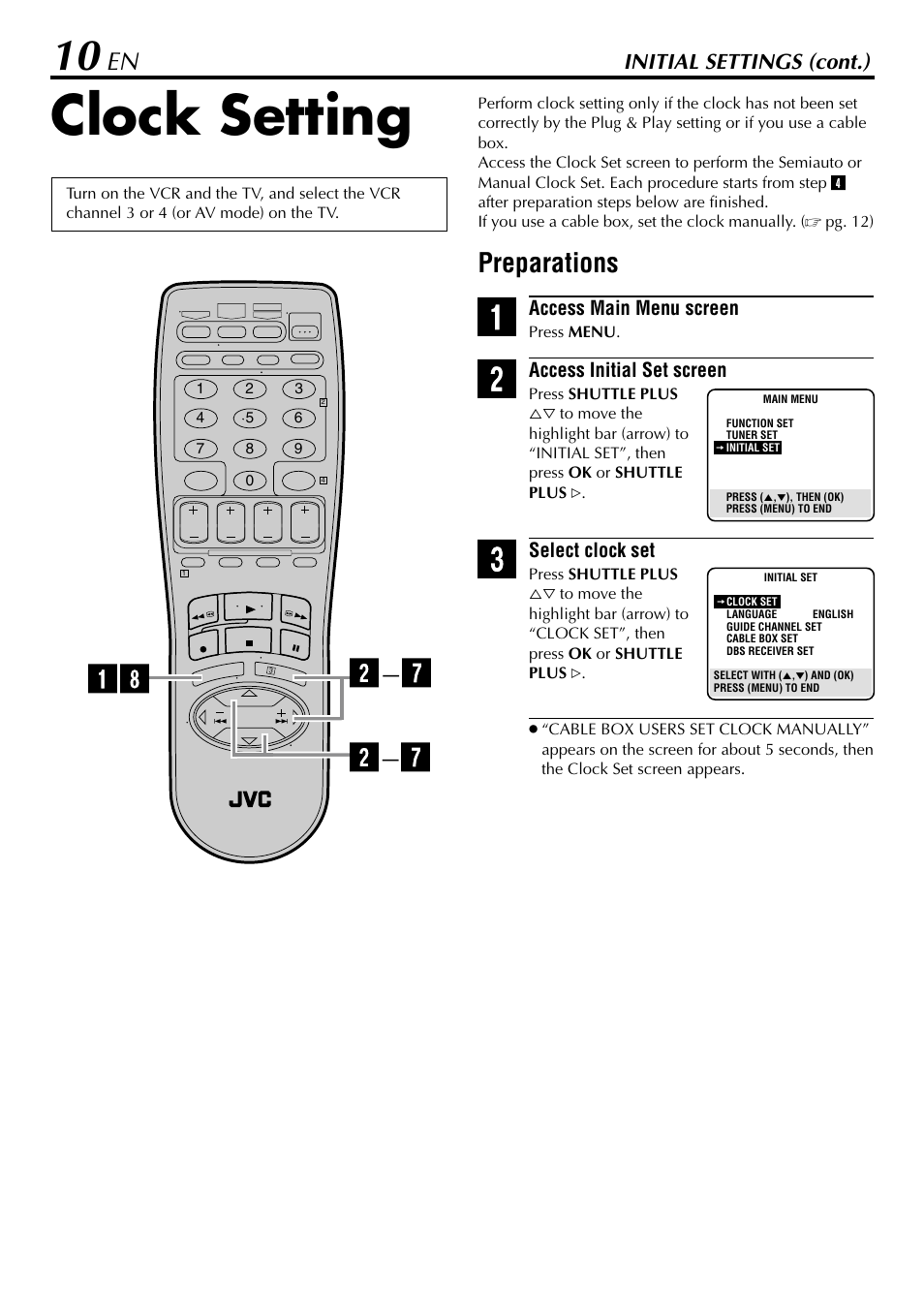 Clock setting, Preparations, Initial settings (cont.) | JVC HR-5910U User Manual | Page 10 / 68