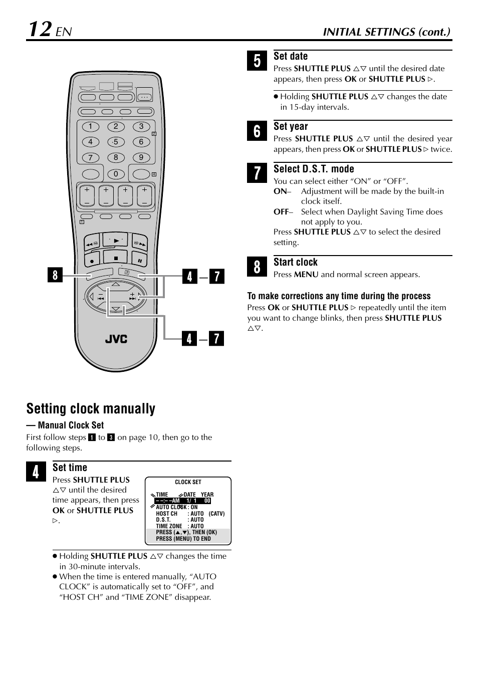 Setting clock manually, Initial settings (cont.) | JVC HR-5910U User Manual | Page 12 / 68