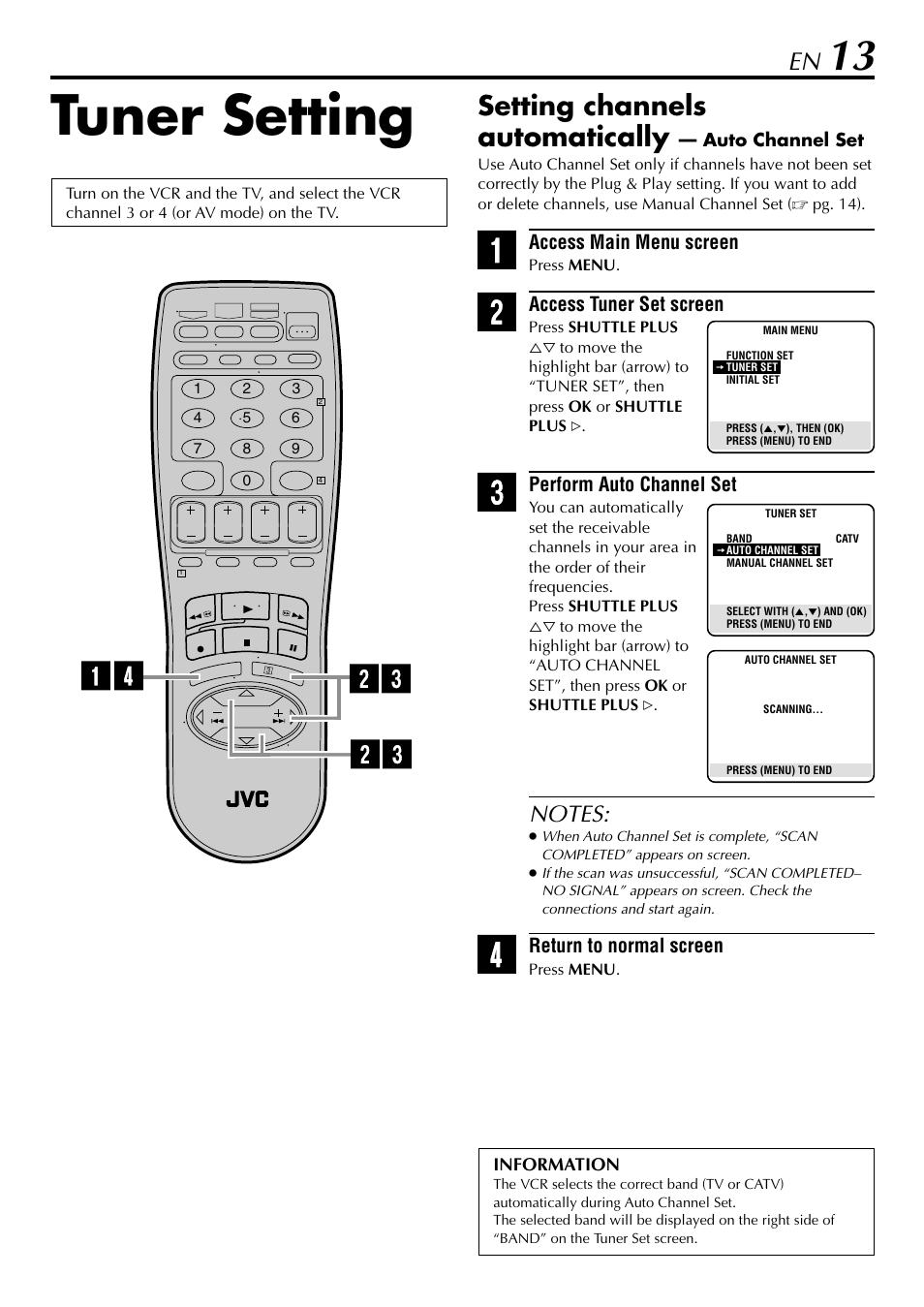Tuner setting, Setting channels automatically | JVC HR-5910U User Manual | Page 13 / 68