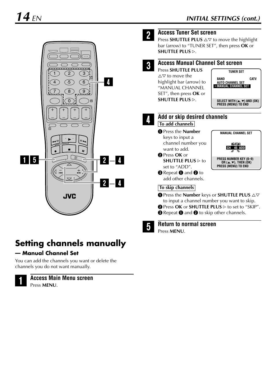 Setting channels manually, Initial settings (cont.) | JVC HR-5910U User Manual | Page 14 / 68