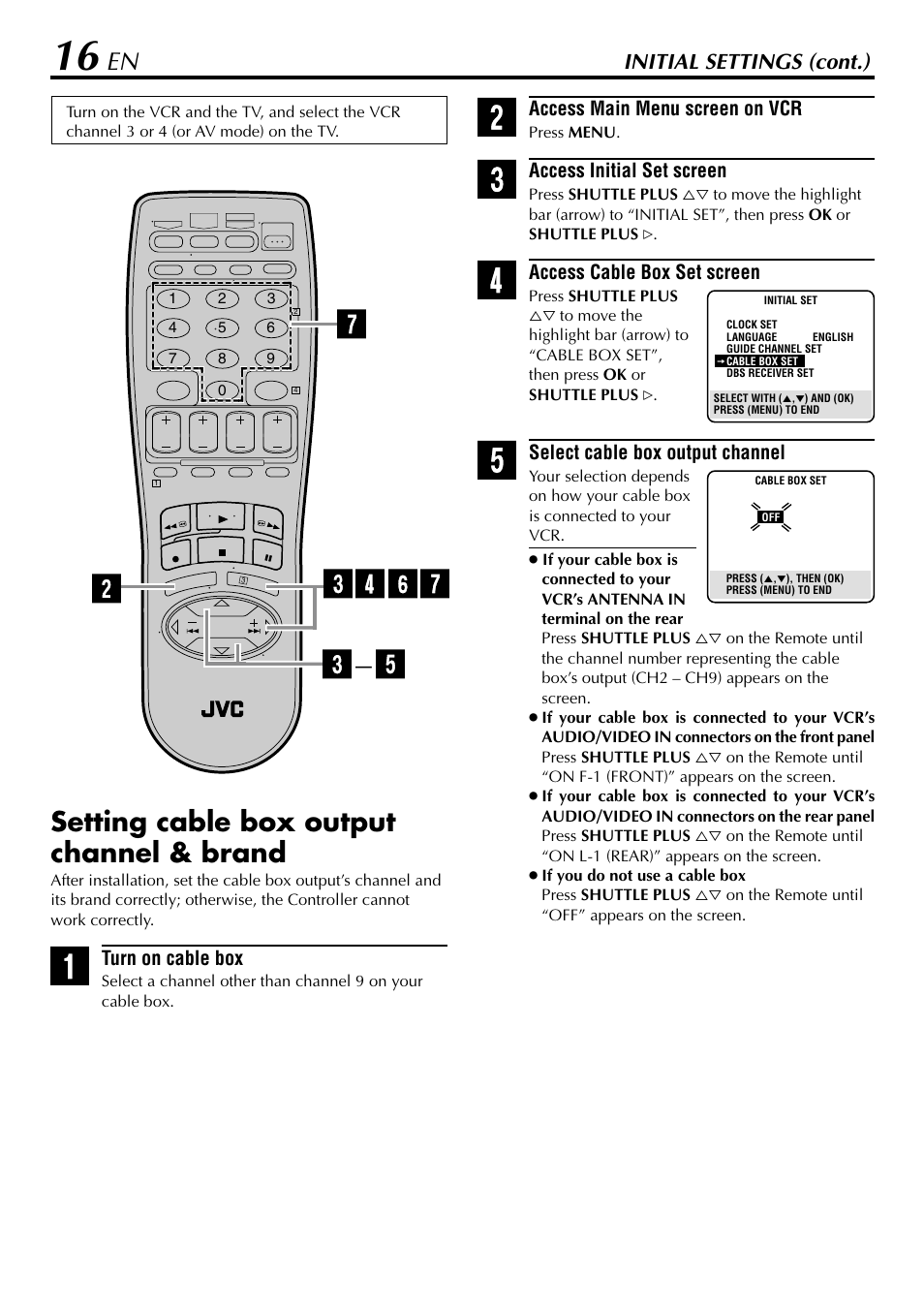 Setting cable box output channel & brand, Initial settings (cont.) | JVC HR-5910U User Manual | Page 16 / 68