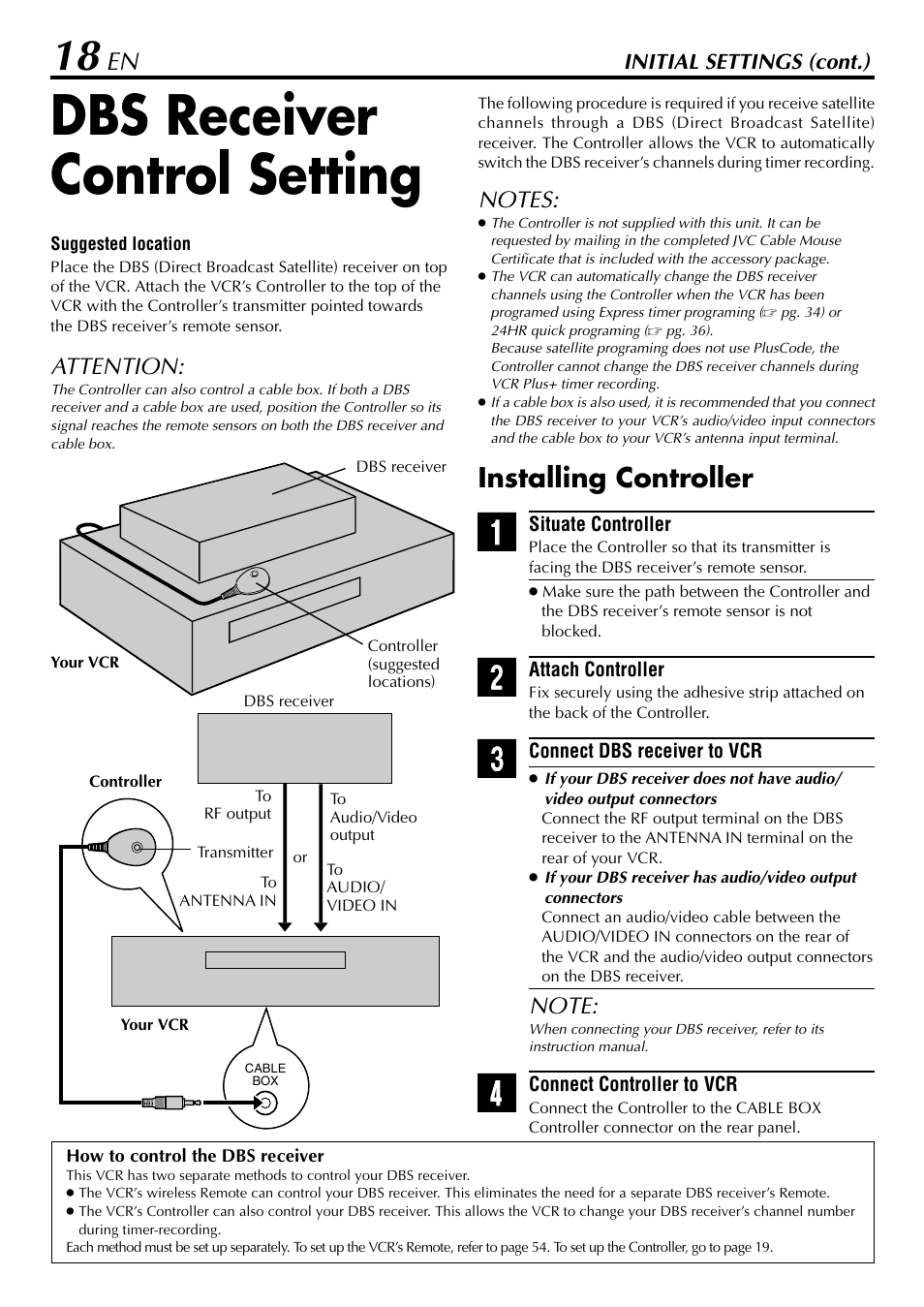 Dbs receiver control setting, Installing controller, Attention | JVC HR-5910U User Manual | Page 18 / 68
