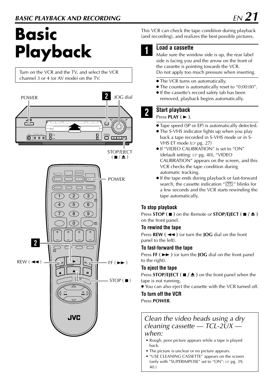 Basic playback and recording, Basic playback, Load a cassette | Start playback | JVC HR-5910U User Manual | Page 21 / 68