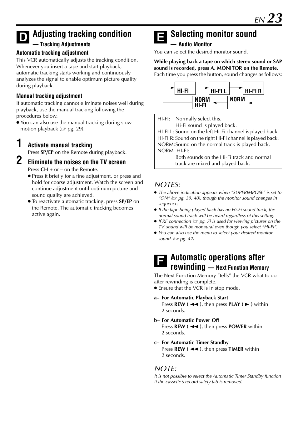 De f, Adjusting tracking condition, Selecting monitor sound | Automatic operations after rewinding | JVC HR-5910U User Manual | Page 23 / 68