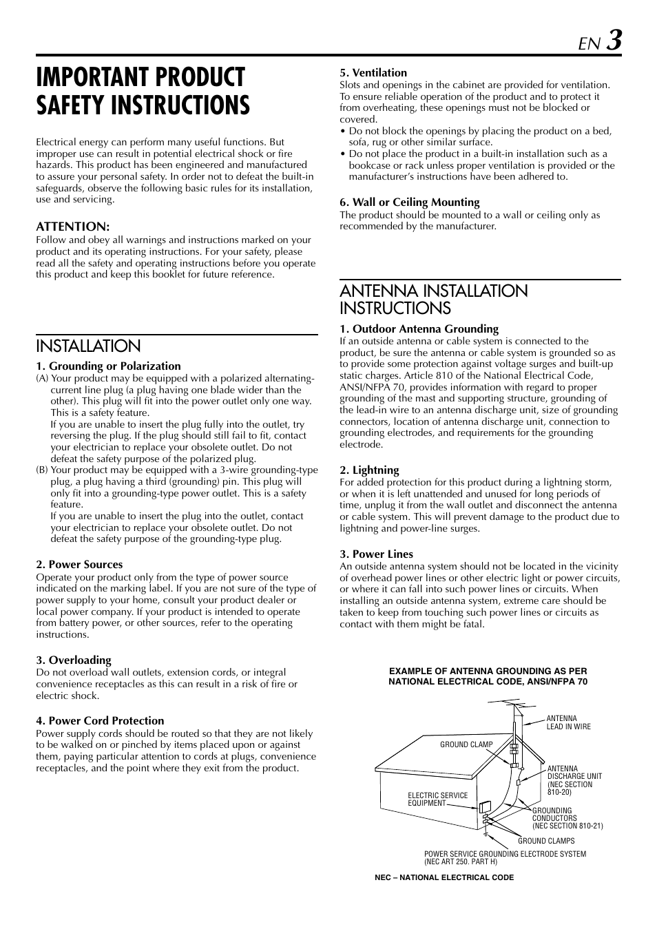 Important product safety instructions, Installation, Antenna installation instructions | JVC HR-5910U User Manual | Page 3 / 68
