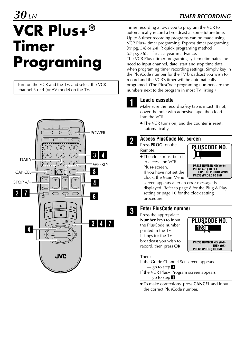 Timer recording, Vcr plus, Timer programing | JVC HR-5910U User Manual | Page 30 / 68