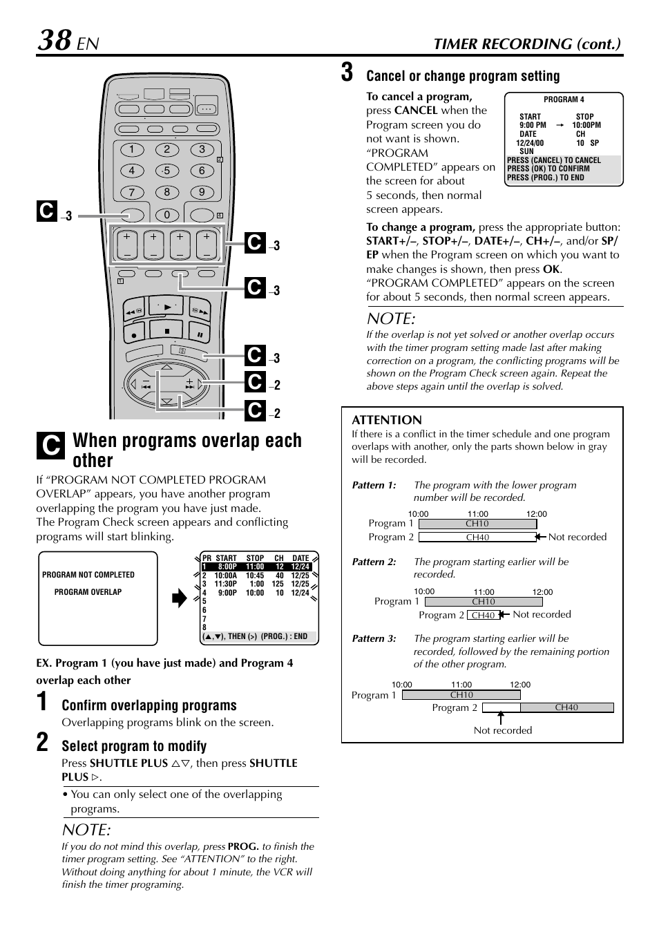 When programs overlap each other, Timer recording (cont.), Confirm overlapping programs | Select program to modify, Cancel or change program setting | JVC HR-5910U User Manual | Page 38 / 68