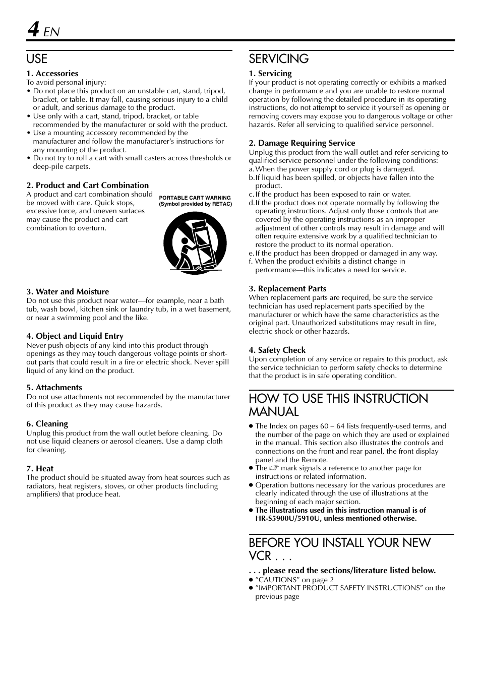 Servicing, How to use this instruction manual, Before you install your new vcr | JVC HR-5910U User Manual | Page 4 / 68