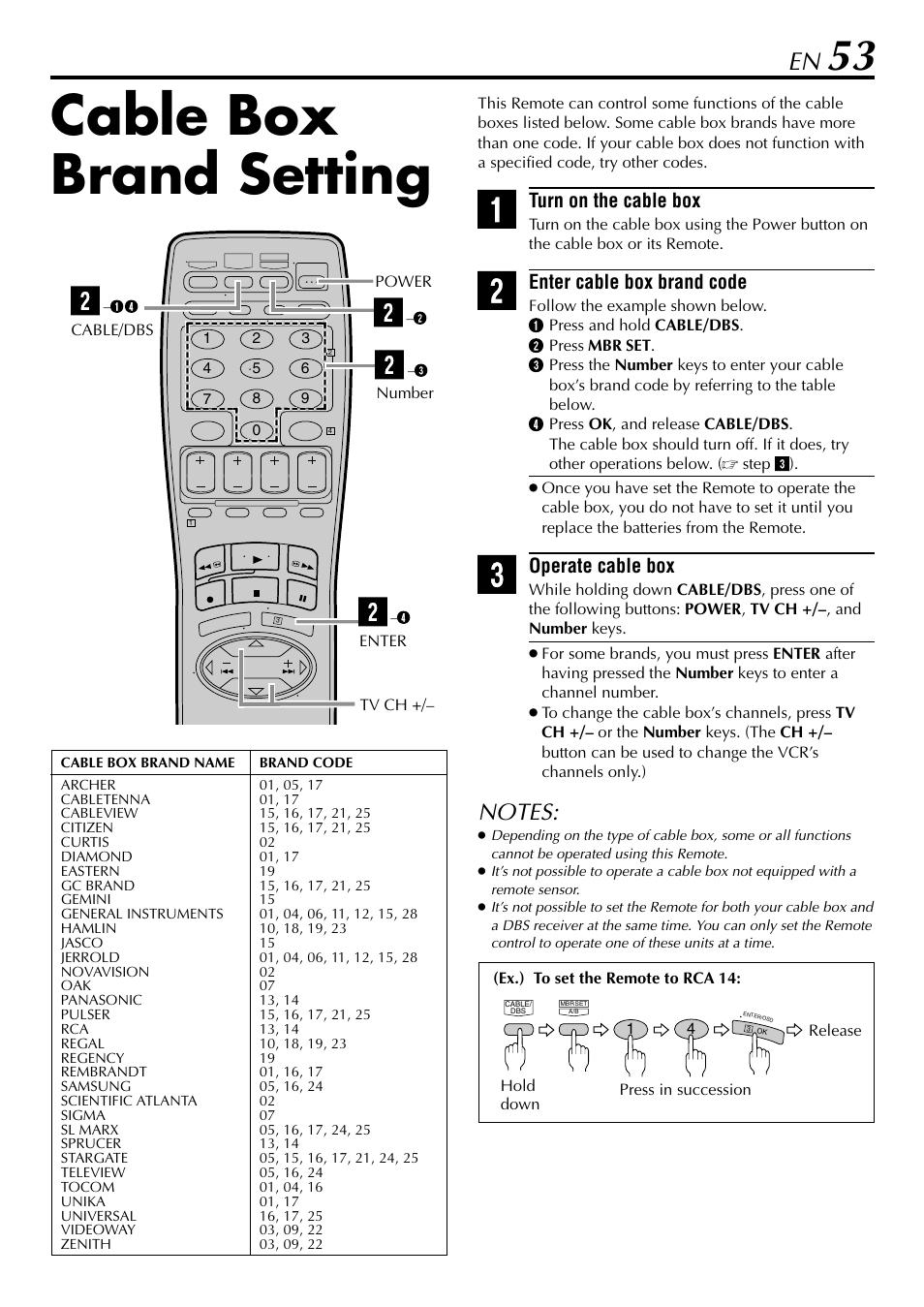 Cable box brand setting, Turn on the cable box, Enter cable box brand code | Operate cable box | JVC HR-5910U User Manual | Page 53 / 68