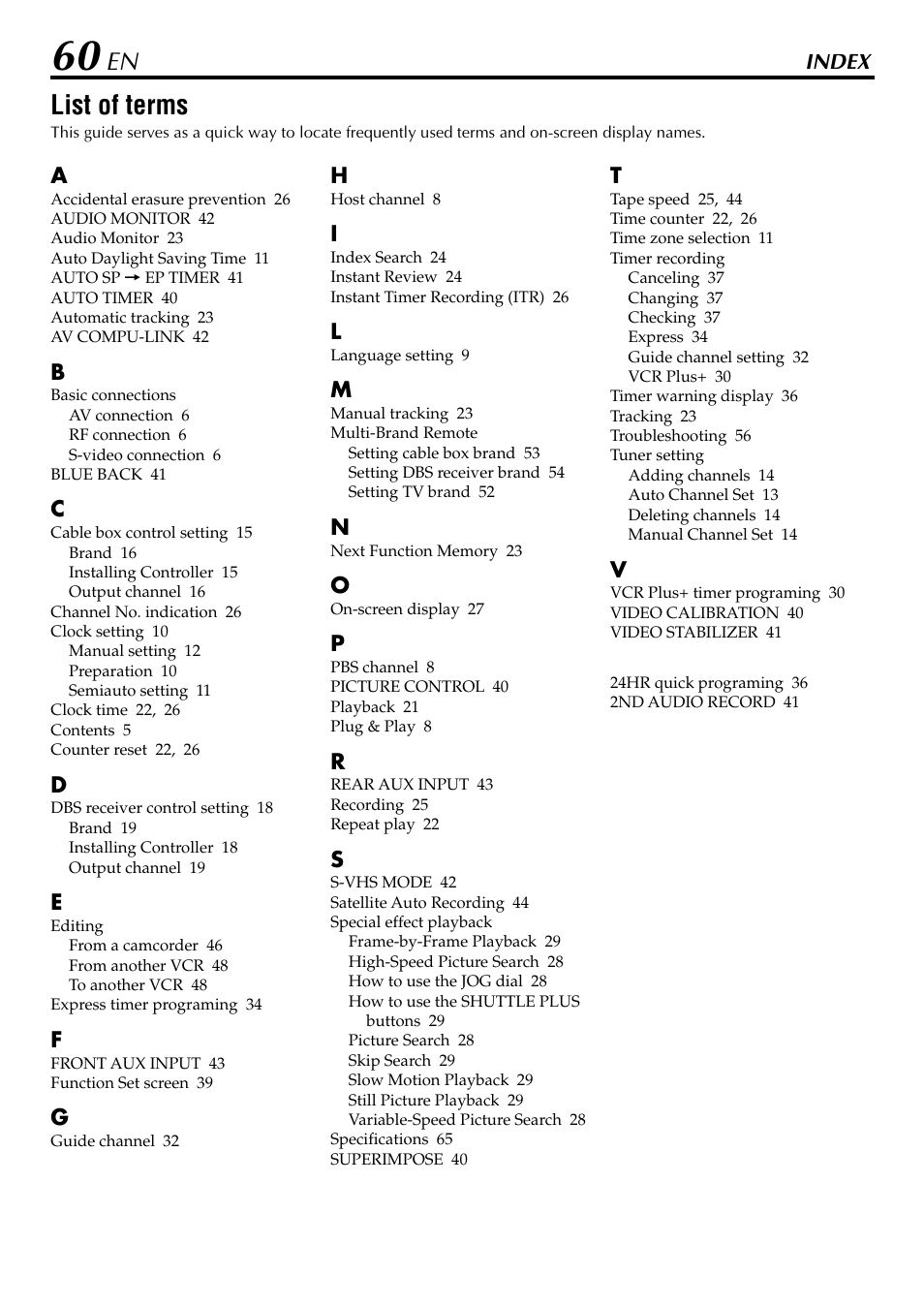 Index, List of terms | JVC HR-5910U User Manual | Page 60 / 68