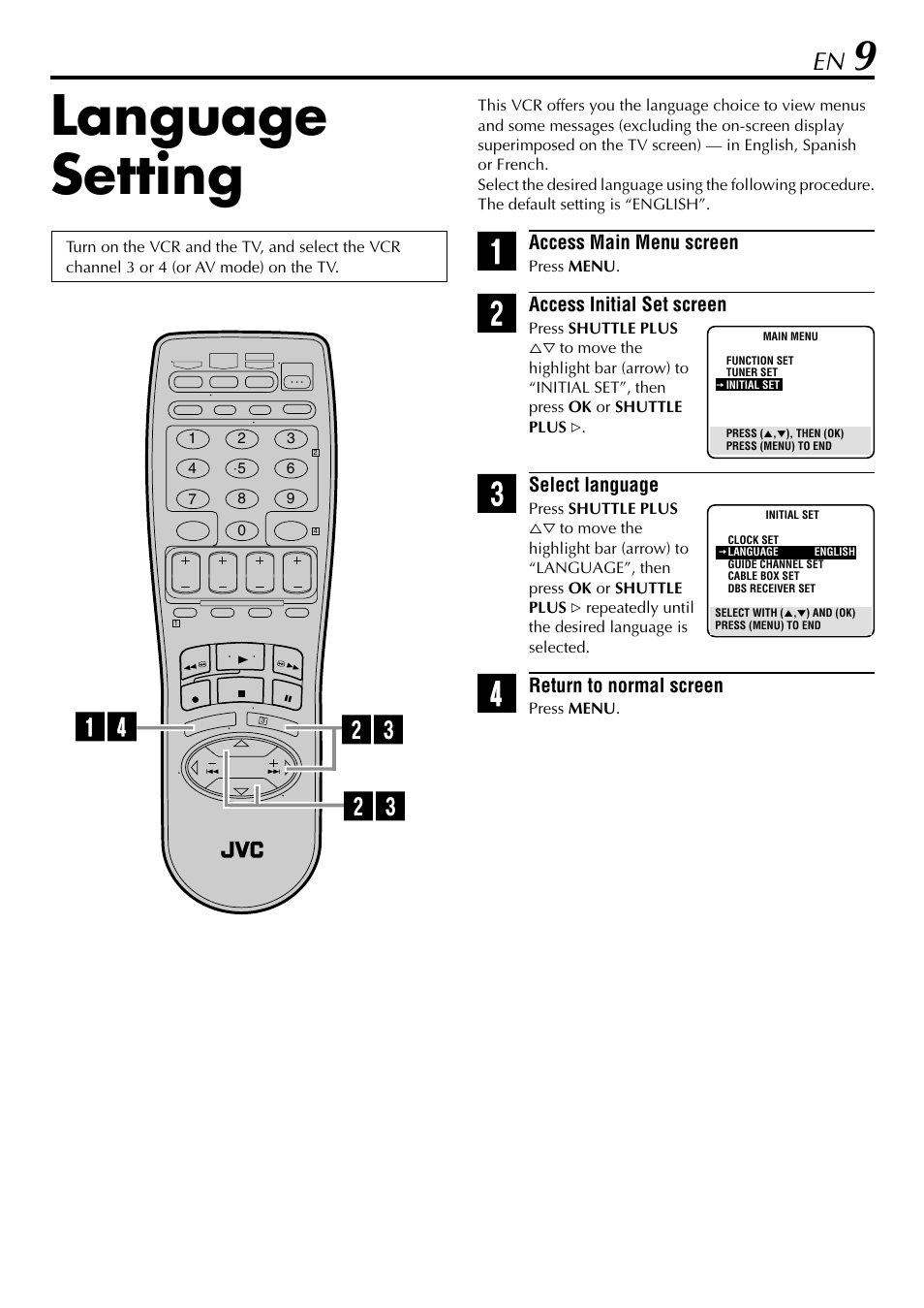 Language setting | JVC HR-5910U User Manual | Page 9 / 68