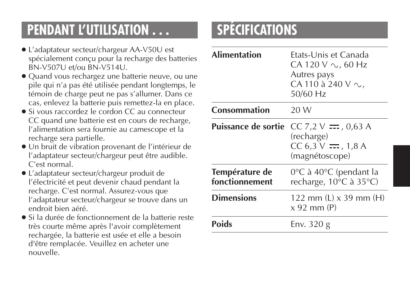 Pendant l’utilisation . . . spécifications | JVC LYT0388-001A User Manual | Page 13 / 20