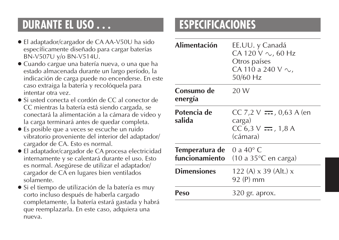 Durante el uso . . . especificaciones | JVC LYT0388-001A User Manual | Page 19 / 20
