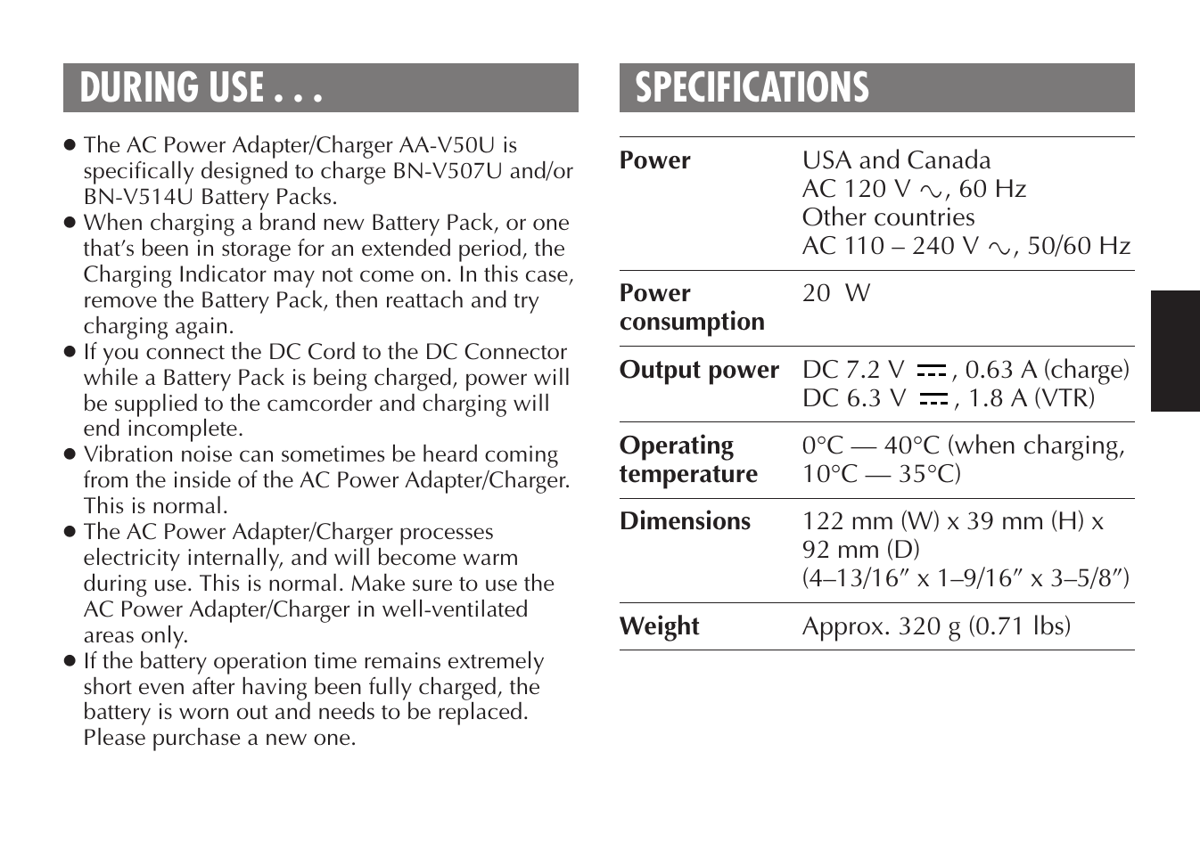 During use . . . specifications | JVC LYT0388-001A User Manual | Page 7 / 20