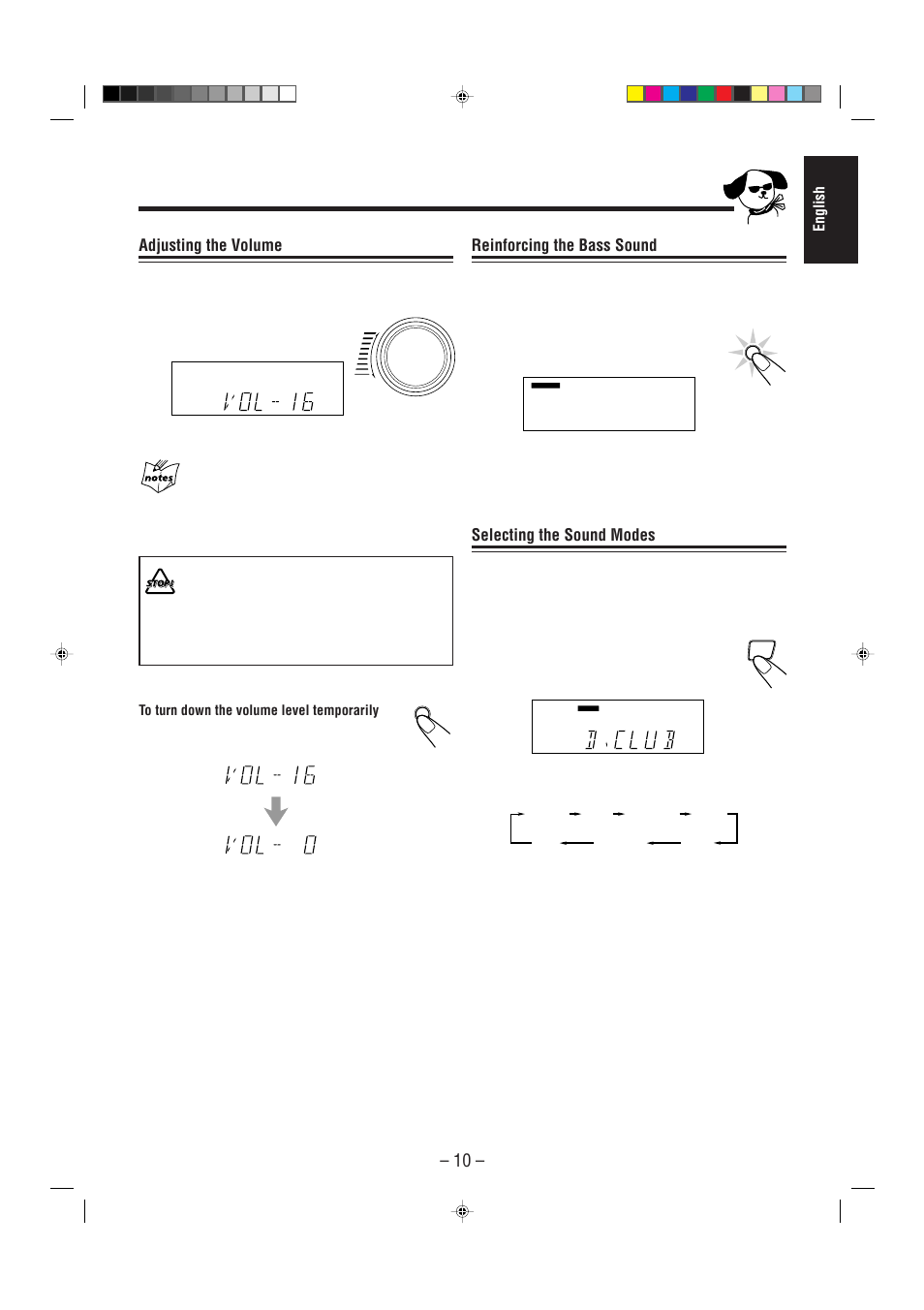 Reinforcing the bass sound, Selecting the sound modes, Adjusting the volume | English | JVC CA-MXJ30 User Manual | Page 15 / 30