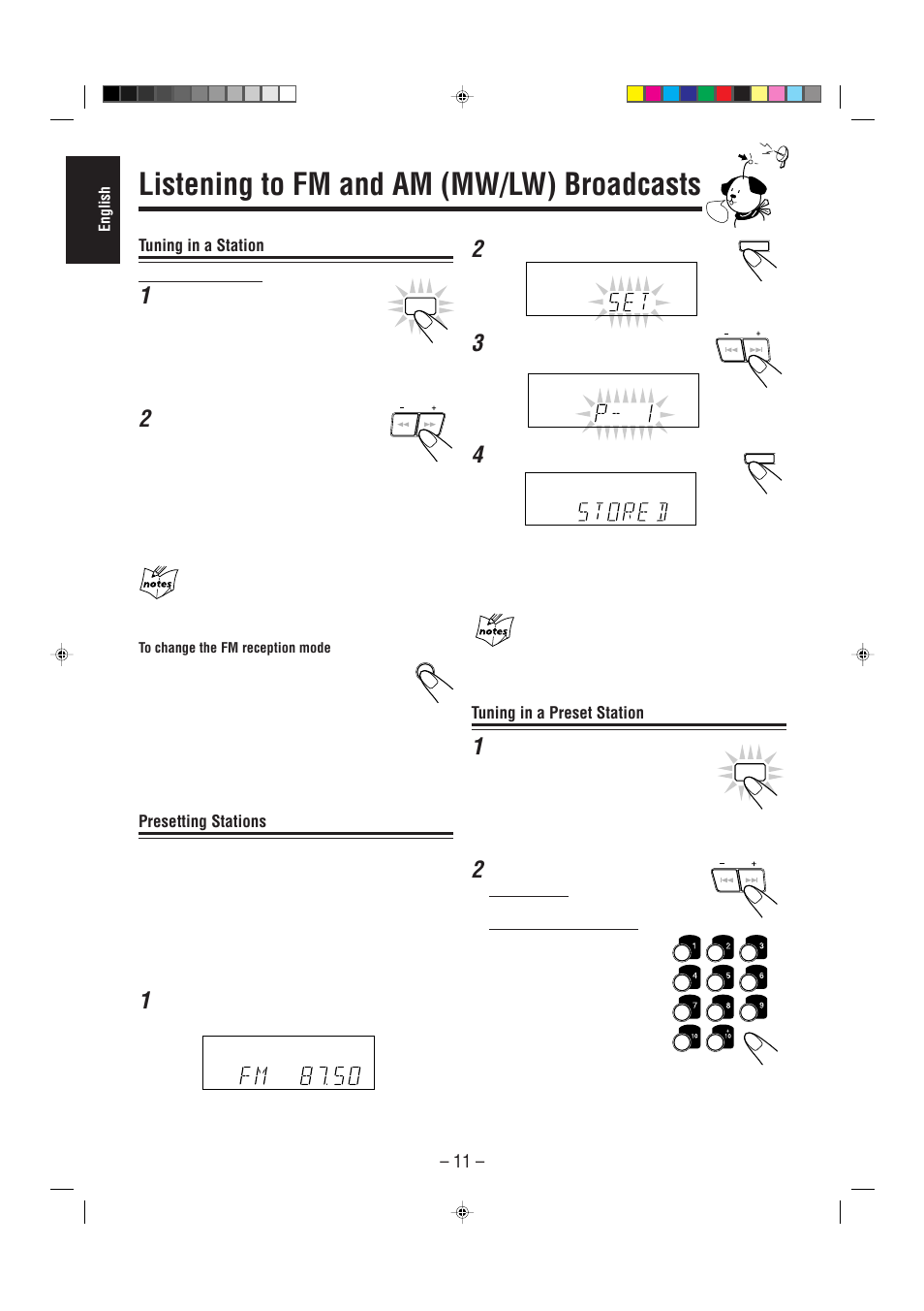 Listening to fm and am (mw/lw) broadcasts, Tuning in a station, Presetting stations | Tuning in a preset station | JVC CA-MXJ30 User Manual | Page 16 / 30