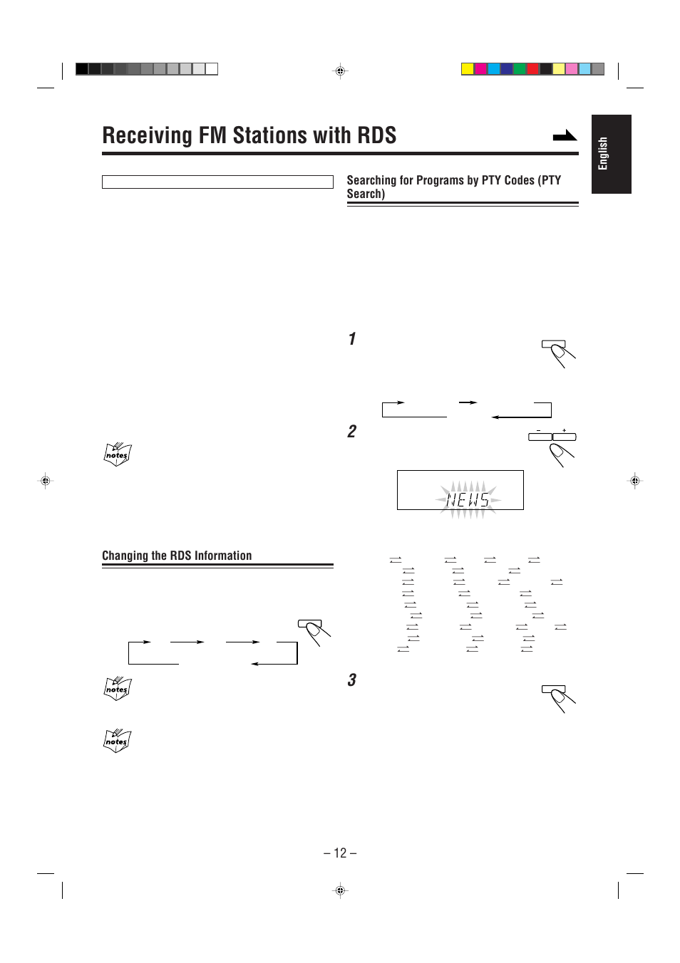 Receiving fm stations with rds, Changing the rds information, Searching for programs by pty codes (pty search) | JVC CA-MXJ30 User Manual | Page 17 / 30
