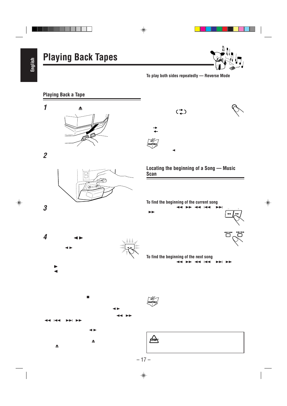 Playing back tapes, Playing back a tape, Locating the beginning of a song — music scan | JVC CA-MXJ30 User Manual | Page 22 / 30