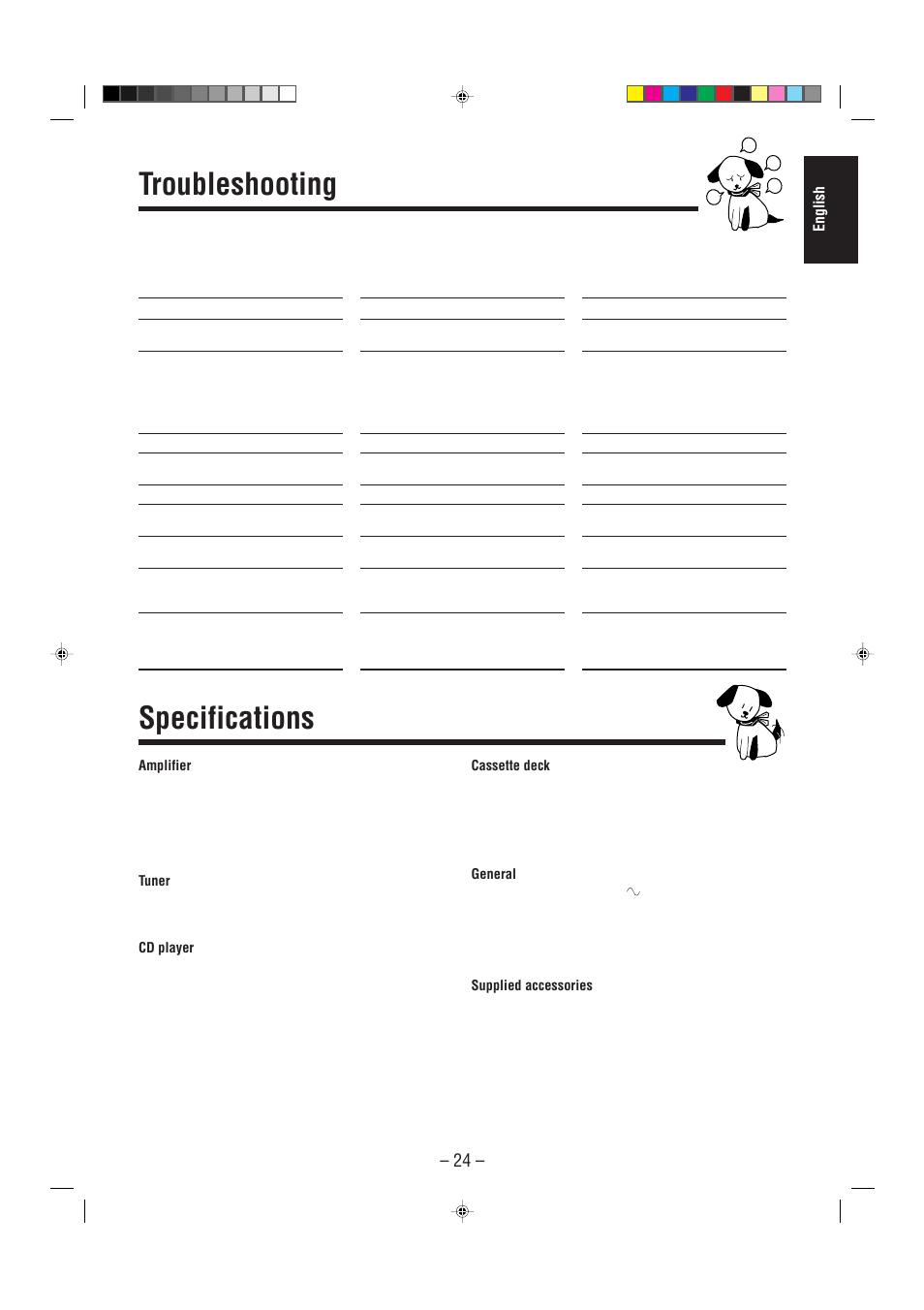 Troubleshooting, Specifications, English | JVC CA-MXJ30 User Manual | Page 29 / 30