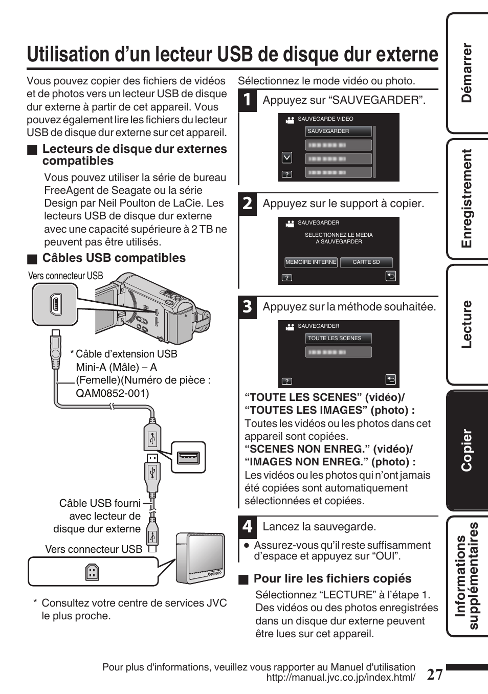 Utilisation d’un lecteur usb de disque dur externe, Utilisation d’un lecteur usb de disque dur, Externe | P. 27 | JVC EVERIO GZ-HM960U User Manual | Page 107 / 120