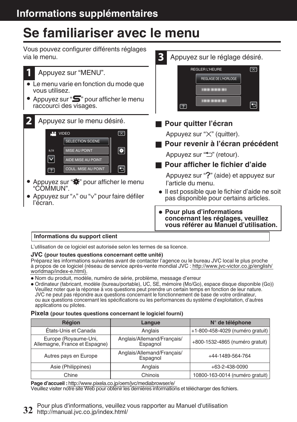 Informations supplémentaires, Se familiariser avec le menu, Touche menu (p. 32) | Touche aide (p. 32), Articles de menu (p. 32), Informations supplémentaires 32 | JVC EVERIO GZ-HM960U User Manual | Page 112 / 120