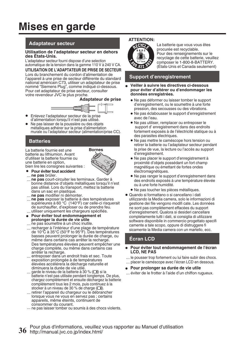 Mises en garde | JVC EVERIO GZ-HM960U User Manual | Page 116 / 120