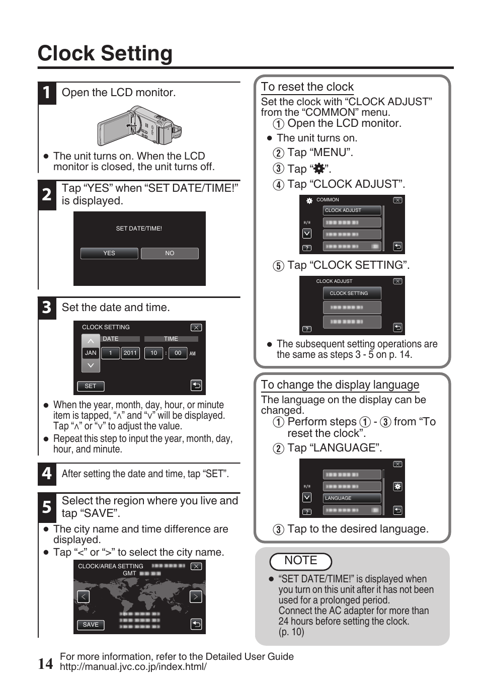 Clock setting | JVC EVERIO GZ-HM960U User Manual | Page 14 / 120