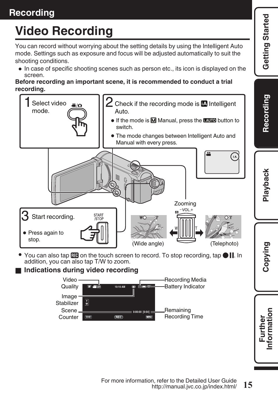Recording, Video recording, P. 15) | Zoom/volume lever (p. 15, 18), Button (p. 15), Recording start/stop button (p. 15 | JVC EVERIO GZ-HM960U User Manual | Page 15 / 120