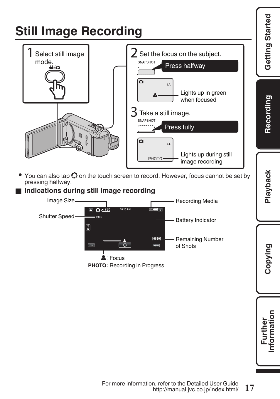 Still image recording, Button (p. 17) | JVC EVERIO GZ-HM960U User Manual | Page 17 / 120