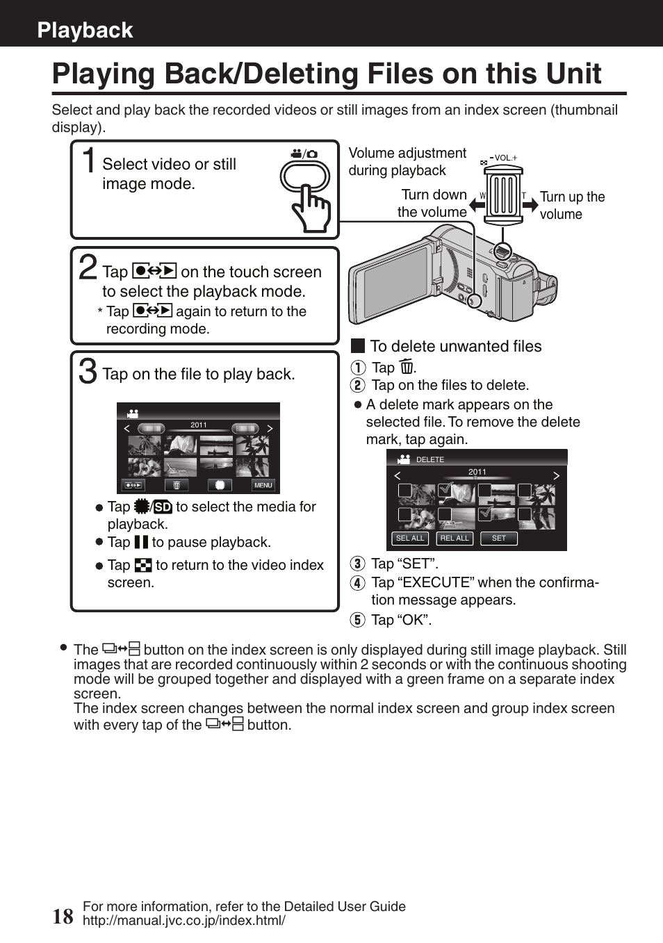 Playback, Playing back/deleting files on this unit, Index screen button (p. 18) | Index screen switching button (p. 18), Delete button (p. 18), Playback 18 | JVC EVERIO GZ-HM960U User Manual | Page 18 / 120