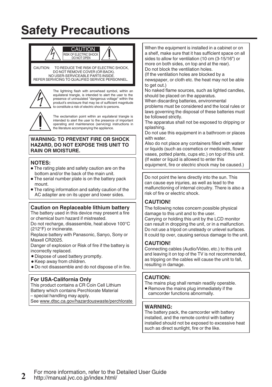 Safety precautions | JVC EVERIO GZ-HM960U User Manual | Page 2 / 120