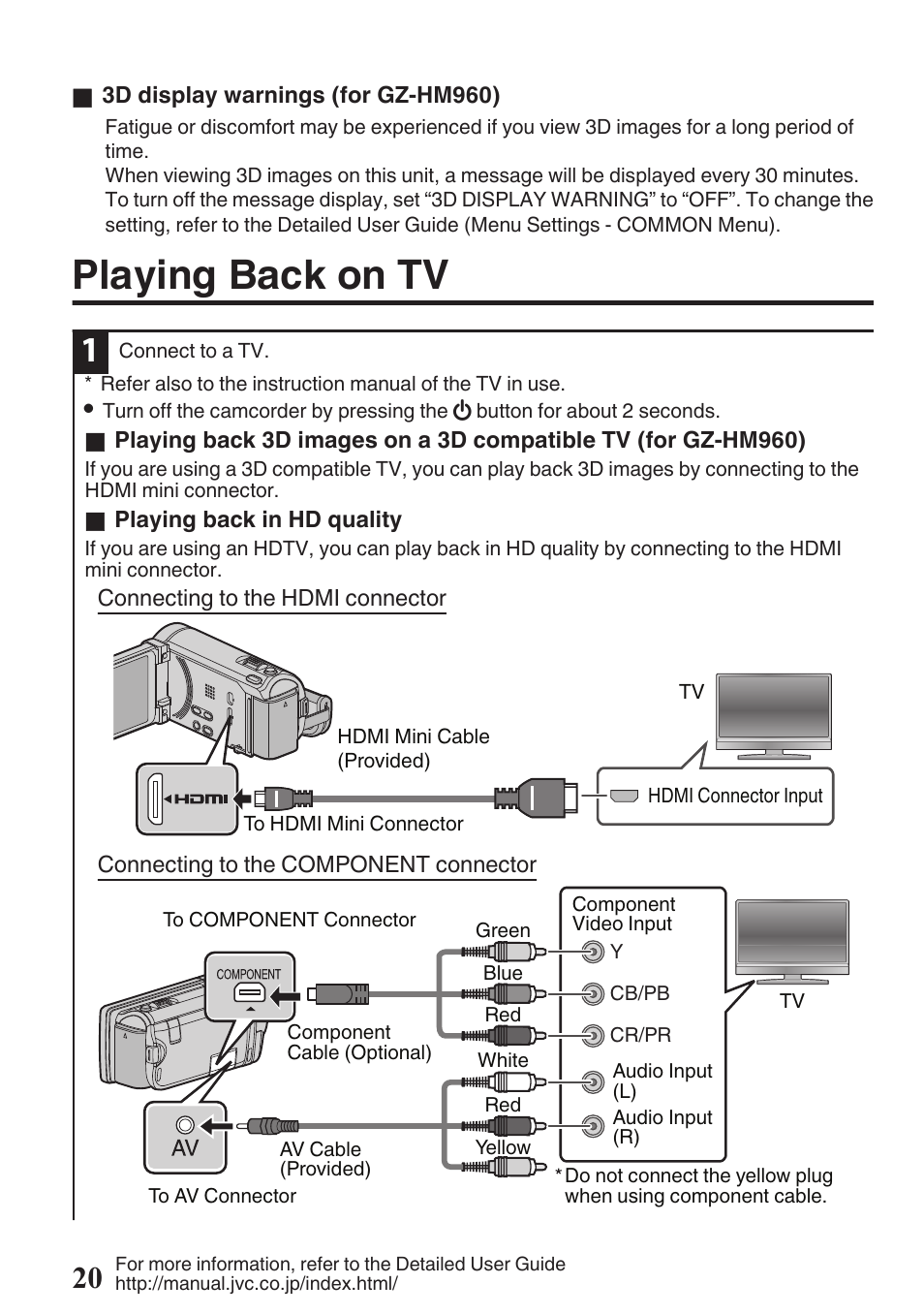 Playing back on tv, Hdmi mini connector (p. 20), P. 20) | JVC EVERIO GZ-HM960U User Manual | Page 20 / 120