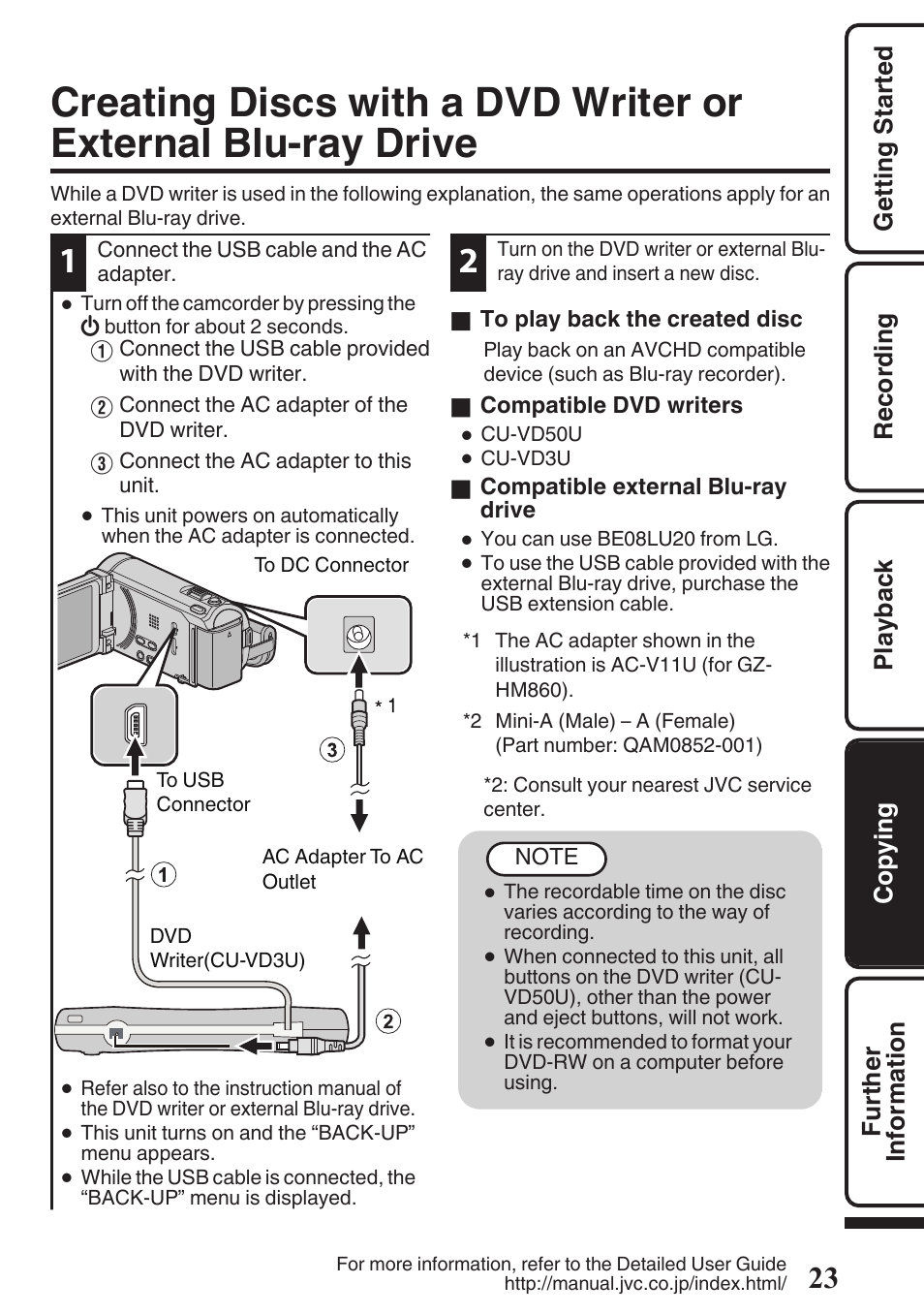 Creating discs with a dvd writer or, External blu-ray drive, P. 23 | JVC EVERIO GZ-HM960U User Manual | Page 23 / 120