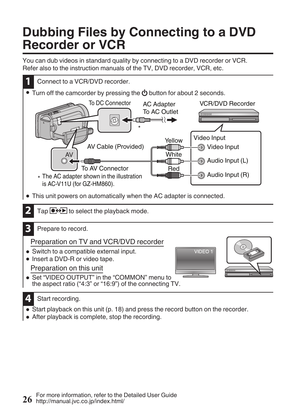 Dubbing files by connecting to a dvd, Recorder or vcr, P. 26 | JVC EVERIO GZ-HM960U User Manual | Page 26 / 120