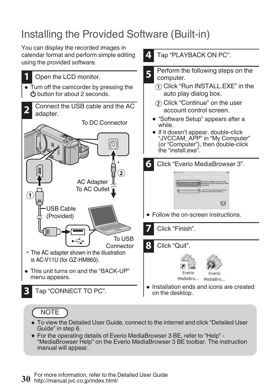 Installing the provided software (built-in), P. 30) | JVC EVERIO GZ-HM960U User Manual | Page 30 / 120
